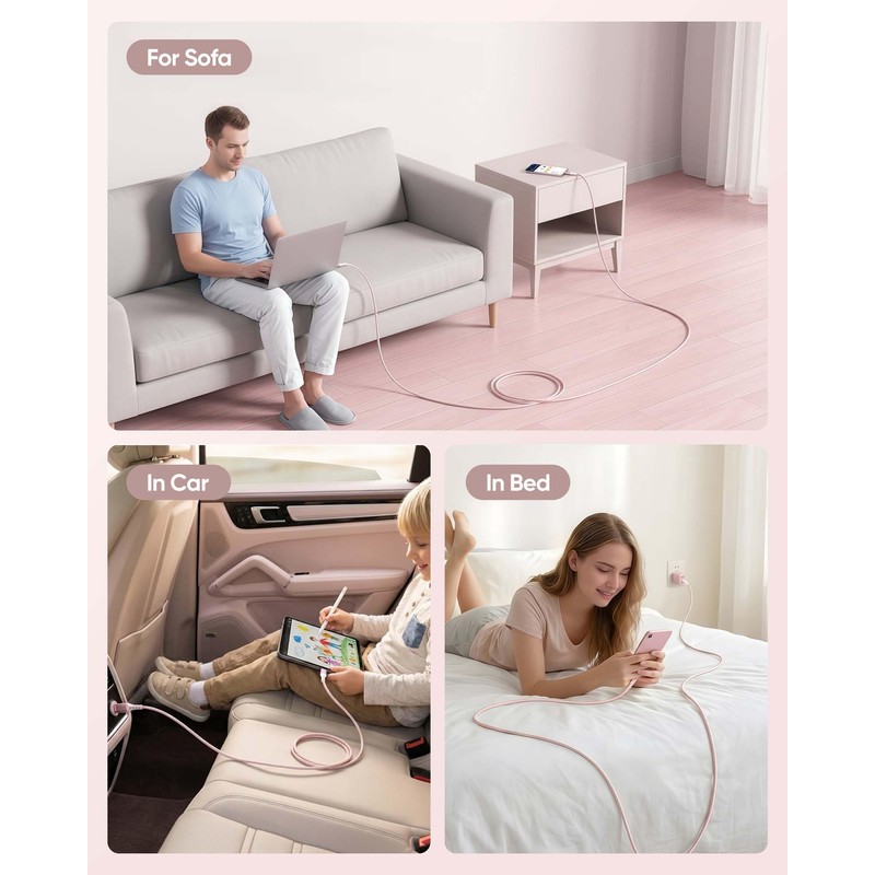 USB C Cable 15FT 2-Pack,Pink USBC 60W Fast Charging for