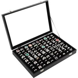 Vitrina para anillos, 100 ranuras Bandeja organizadora de anillos caja de almacenamiento Caja organizadora con tapa transparente Caja de almacenamient