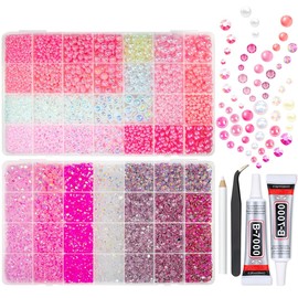 qiiipi 2 Big Boxes Pink Resin Pearls and Rhinestones w B7000 Jewelry Glue for Bedazzling Crafting Flatback Stones Gems Diamonds Half Pearls Charms for Nails Eyes Face Makeup Tumblers Bottles Crafts﻿