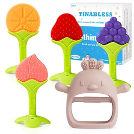 Teething Toys (5 Pack) - Tinabless Infant Teething Relief Toys&Teething Mitten Set, Food Grade Silicone Anti Dropping Wrist Hand Teethers Baby Chew Toys for Sucking Needs, Silicone Baby Teethers(Pink)