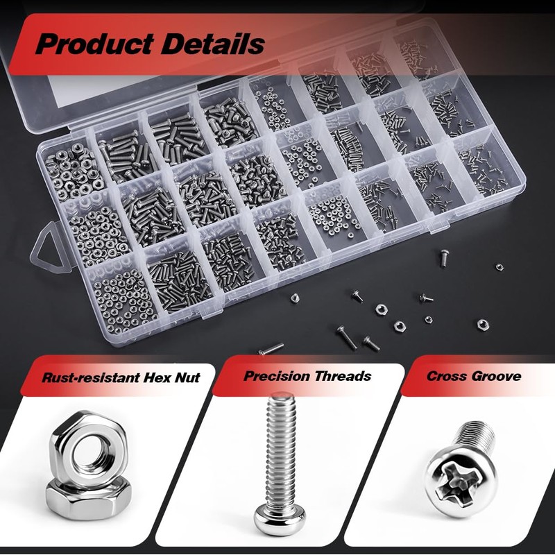 304 Stainless Steel Tiny＆ Small Screws, Metric Micro Screw Nuts