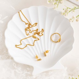 Bandeja Joyero con Forma de Concha, Plato Metálico Decorativo para Anillos y Aretes, Organizador de Joyas con Base de Terciopelo, Ideal para Tocador o