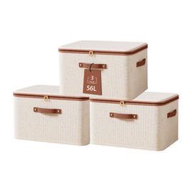 Tuza 3 Pcs Rigid Storage Bins with Zipper Lid, Cotton Linen Fabric Storage Boxes, Foldable Shelves Clothes Storage Cubes with Handles for Wardrobe, Closet(Beige, 56L)