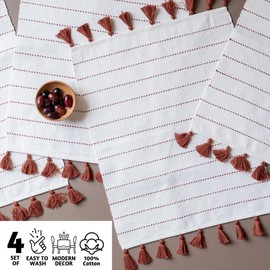 Folkulture Fall Placemats Set of 4, 14 x19 Inches 100% Cotton Thanksgiving Placemats for Fall Table Decor, Bohemian Table Mats with Tassels for Thanksgiving Table Decor, Terracotta