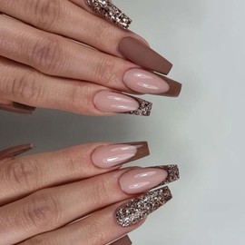 Gifiky Long French Press on Nails Coffin Fake Nails Brown Nails Tips Full Cover Bling False Nails for Women and Girls 24Pcs