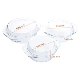 Set of 6 Pieces Round Tempered Glass Casserole Dish with Lids, Glass Casserole Baking Dish Set for Oven, Freezer and Dishwasher Safe - 1QT+1.5QT+1.8QT