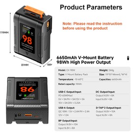 CITYORK Mini V Mount Battery 98Wh/ 6650mAh 14.8V Battery with BP, D-TAP, USB-A, USB-C Port, OLED Display for Camera, Camcorder, Video Light (PD 65W USB-C Cable*1,Fast Charging)