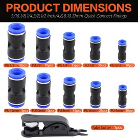 180PCS Quick Connect Air Hose Fittings Kit - 1/8",1/4",5/16",3/8",1/2" & 4,6,8,10,12mm Push to Connect Straight Pneumatic Assortment with Tube Cutter for Air Compressor, Workshop, Auto Brake Systems