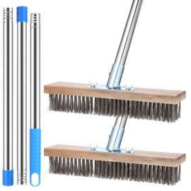 FillTouch Set of 2 Deck Brush with Handle 5.25 ft Long 2 Pcs Stainless Steel Deck Wire Brush Concrete Brush Stiff Bristle Broom for Cleaning Scrubbing Removing Rough Surface Stain on Pool Garage Patio
