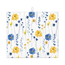 Navy Blue Yellow Flower Dish Drying Mat for Kitchen Counter Watercolor Floral Decorative Dish Drainer Rack Mats 16"x18" Absorbent Reversible Drying Pad