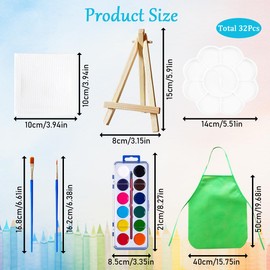 32Pcs Mini Canvas and Easel Set, XingyLi 8 Small Canvas Art Boards with 8 Artist Triangle Easels, 8 Paint Brushes, 4 Paint Palette, 2 Painting Apron and 2 Watercolour Paint, Canvas Painting Stand Kit