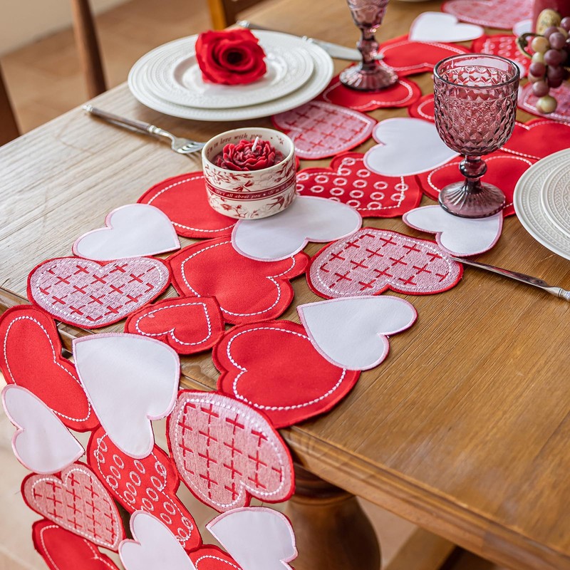 Joyfol Day Valentine’s Day Table Runner 14x69 Inch, Cutwork Embroidered