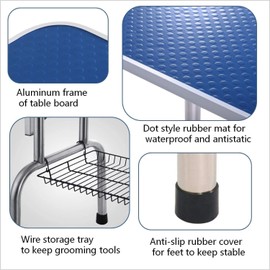 Fegherug Pet Dog Grooming Table, Stainless Steel Professional Pet Drying Table, Adjustable Height Shower Bathing Station Desk for Dogs Cats with Arm & Noose & Mesh Tray, Up to 330lbs, 46''/ Blue