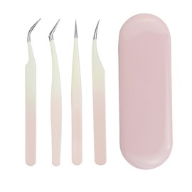 4pcs Eyelash Tweezers Set Stainless Steel False Eyelash Extension Tweezers Multifunctional Eyelashes Applicator Tools for Home Salon Pink