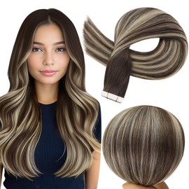 Full Shine Balayage Hair Extensions Real Human Hair Tape ins Color 2 Brown Ombre 60 Blonde Highlight 2 Brown 16Inch Double Sided Tape Extensions Remy 50Gram Seamless Skin Weft 20Pcs for Wedding