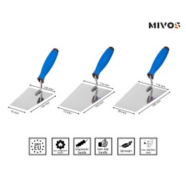 Mivos Stainless Steel Trapezoidal Trowel Set 3-Piece 140 mm 160 mm 180 mm - Rustproof Trapezoidal Trowels - Plastering Trowels with Rubber Handle - Trapezoidal Smoothing Trowels - Made in EU