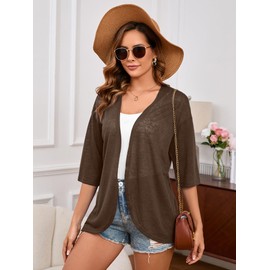 Heymoments Women's Lightweight Cardigan Open Front 3/4 Sleeve Soft Draped Summer Casual Cover Up Kimonos Tops Coffee Large Cardigans