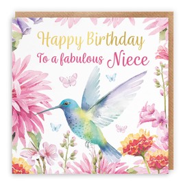 Hunts England - Niece Hummingbird Birthday Card For Her - With Gold Foil - Pretty Flowers - Milo's Gallery - Birthday Card For Niece - Female Birthday Card For Fabulous Niece