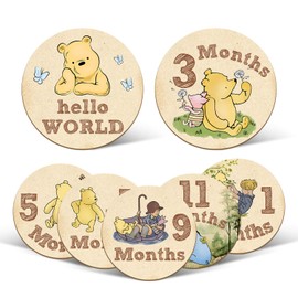 7 Pcs Winnie Baby Monthly Milestone Markers, Winnie Double Sided Winnie Baby Months Wooden Signs with Storage Bag, Winnie Baby Monthly Announcement Wooden Discs, Winnie Milestone Pictures of Newborn