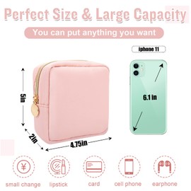 Nylon Mini Makeup Bag for Purse, Preppy Small Cute Pink Makeup Bag Cosmetic Zipper Pouch Purse, Waterproof Travel Coin Pouch Sanitary Napkin Storage Bag Clutch Makeup Organizer for Women Girls(Pink)