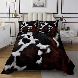Feelyou Cowhide Print Bedspreads Queen Size Rustic Cow Fur Quilted Coverlet for Cabin Lodge Decor Coverlet Set Farmhouse Animal Skin Printed Quilt Duvet Set with 2 Pillowcase