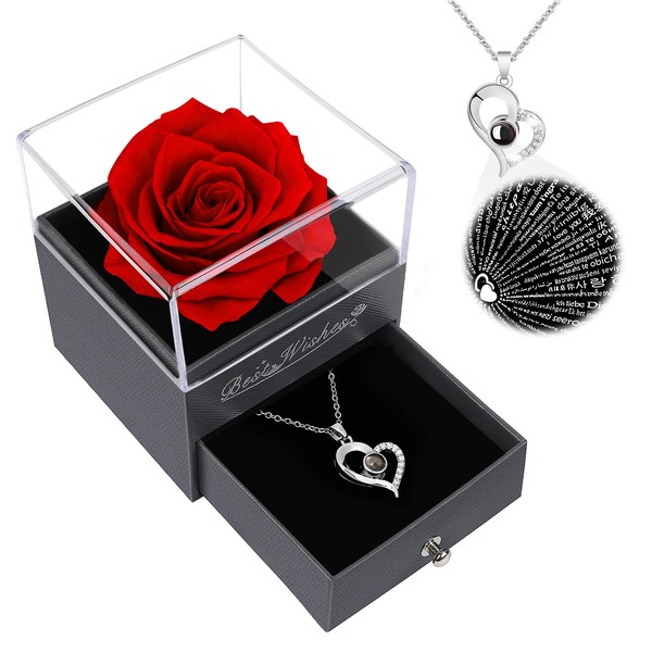 Womens Rose Gifts for Her Valentines Day,Birthday Gifts for Women,Red Preserved Flowers Rose Gifts for Mom,Valentines Day Gifts for Her,Real Rose Fresh Flower with Necklace for Women,Wife,Grandma