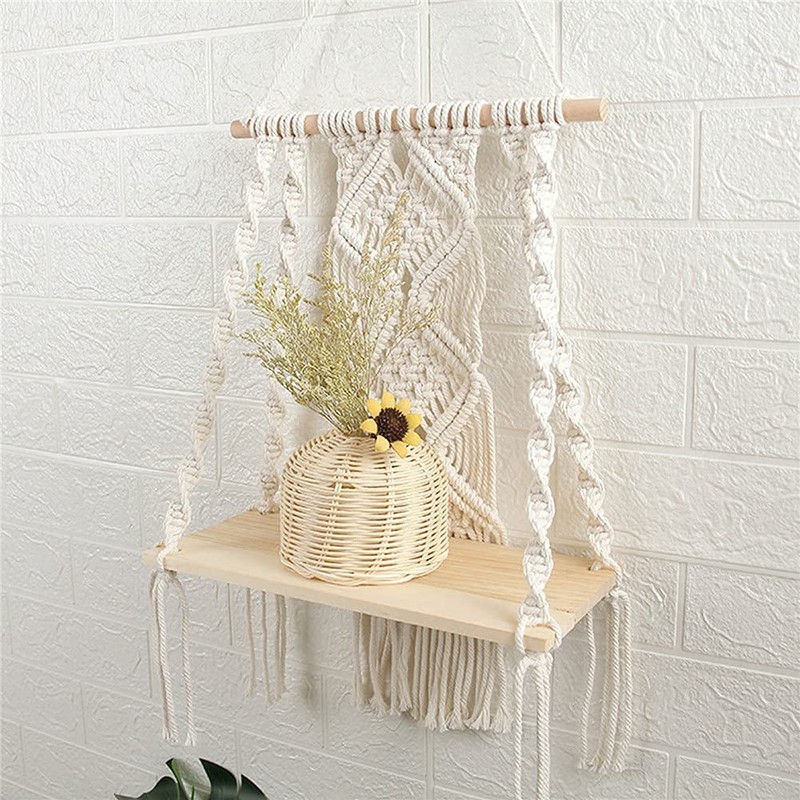 Macrame Wall Hanging Plant Decor Shelf Indoor Outdoor Floating Wood