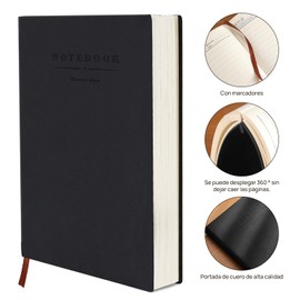 Cuaderno Tapa Dura A5,180 hojas/360 páginas, Bloc de Notas Clásico para Oficina, Viajes de Negocios, para Hombres Mujeres,papel marfil, cubierta de piel sintética (Negro(párrafo horizontal))