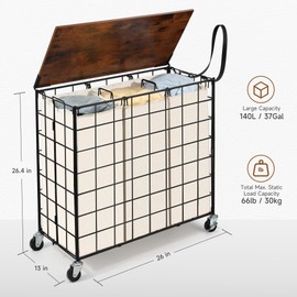 DXIGUSO 140L Laundry Basket with Wheels, Large Capacity Laundry Hamper with 4 Separate Removable Liner Bags, Heavy Duty Laundry Sorter with Solid Wood Lid & Leather Handles (Beige)