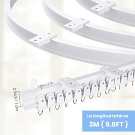 Montaje de Ventanas Suaves, Curvados de Techo Riel Curvado, Rodillos de Pista, Sistema de Cortina de Pista Ganchos de Metal, Clips de Cortina de Metal (Blanco, 3m)