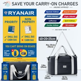 FIORETTO for Ryanair Airlines Cabin Bags 40x20x25 Underseat Travel Hand Luggage Carry on Bag Weekend Overnight Duffle Holdall Bag for Women and Men Grey