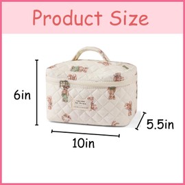 uekeboag Large Travel Quilted Makeup Bag for Women, Floral Cotton Cosmetic Bag, Coquette Aesthetic Floral Toiletry Organizer Bag (03White-Bear)