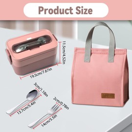 Resszo Bento Lunch Box 1600 ml with Cutlery and Thermos Bag, Children's Lunch Box with Compartments, 2-Layer Lunch Box, Adult Lunch Box for School, Work, Picnic (Pink)