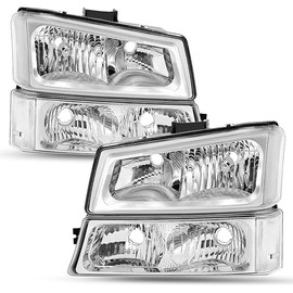 4pcs Halogen Headlight Assembly for 2003-2006 Chevy Silverado 1500 2500 HD 3500 / Avalanche, 2007 Silverado Classic w/Bumper Lights Chrome Housing