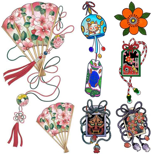 PUSNMI Japanese Temporary Tattoos Kit for Women Cherry Blossoms Traditional Tattoo Flower Fan Old School Stickers Lucky Cat Tattoo for Women Girls Realistic Long Lasting Tattoos for Arm Leg and More