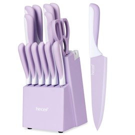 hecef 15 Pieces Kitchen Knife Set with Built-in Sharpening Wooden Block, Dishwasher Safe, High Carbon Stainless Steel Knife Block Set with Steak Knives, Kitchen Scissors, Purple