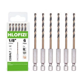 HLOFIZI 1/8" Cobalt Drill Bit with Hex Shank (6 Pack), Impact Black and Gold Coated Twist Drill Bits for Metal, Stainless Steel, Cast Iron and Wood