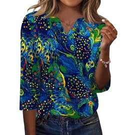 LOMON Fall Outfits for Women 2025 V Neck 3/4 Length Sleeve Boho Tops for Women Yellow and Blue Feathers S