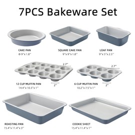 CAROTE 7-Piece Nonstick Stackable Baking Pans Set - Bakeware Sets Including Cookie Sheets for Baking, Muffin Pan, Bread Pan, Cake pan, Loaf Pan, Roasting Pan, Gray & Blue