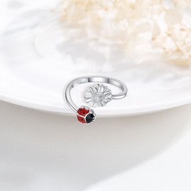 Ladybird / Axolotl / Moon / Stars / Sunflower / Witch Butterfly / Otter Ring 925 Sterling Silver Prevent Allergies Adjustable Ring Silver Jewellery Gifts for Girls Women Children, Sterling Silver