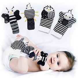 BABY K Baby Rattle Socks & Wrist Toys (Set E) - Newborn Toys for Baby Boy or Girl - Brain Development Infant Toys - Hand and Foot Rattles Suitable for