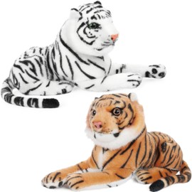 BRUBAKER 2er Set Tiger Kuscheltier - 25 cm Plüsch Stofftier - Kleines Plüschtier Liegend - Baby Raubkatze - Kinder Spielzeug - Weiß und Braun