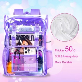 ZLYERT 17" Flip Top Clear Backpack for Girls, 3Pcs Stadium Approved Set, Heavy Duty Transparent Bookbag for Gym/School (Purple)