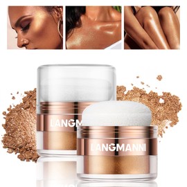 HOSAILY Body Glitter Powder, Air Cushion Highlighter for Face, Hair, Eye Brightener, Sparkling Bronze Body Shimmer Patting Powder Smooth Easy-Use Blush Glow Makeup, Golden Brown