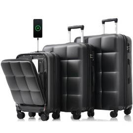 Merax Luggage Sets 3 Piece, 20 inch with USB Port and Front Opening Design with Spinner Wheel, Cup Holder, Black(Vertical or Horizontal Stripe), 20/24/28 Inch
