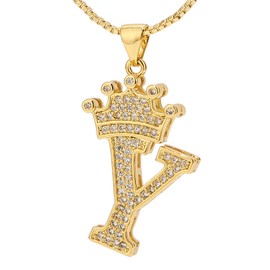 UALGL A-Z Letters Necklace Crown Necklace for Men Women 18K Gold Plated Letters Pendants with 23'' Chain Hip Hop Alphabet Name Jewelry Mom Gifts (Yellow-y)