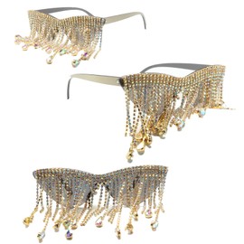 Colorful Tassel Cat Eye Sunglasses Rimless Men Women 90s Disco Sunglasses Oversized One-Piece Sunglasses With Rhinestones (gold, X)