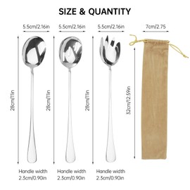 KAHOUI Set of 3 Salad Servers Stainless Steel Salad Bowl Spork with Thick Handle, Polished Salad Serving Spoon, Salad Spork Serving Spoon, Large Long Spoon for Family Camping Travel Outdoors