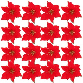 STOBOK Christmas Glitter Poinsettia Artificial Flower: 24PCS Red Christmas Tree Artificial Flowers Wreath Garland Flower Ornament for Xmas Wedding New Year Holiday Party Decoration 5 inch