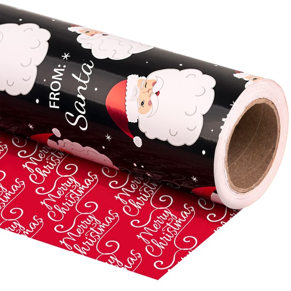 WRAPAHOLIC Reversible Christmas Wrapping Paper - Mini Roll - 17 Inch X 33 Feet - Black Jolly Santa Claus, Red Merry Christmas Script Design with Metallic Foil Shine for Holiday, Party